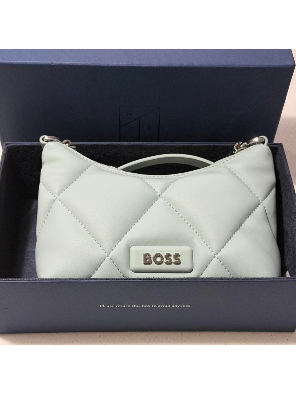 BOSS Quilted Light Green Leather Shoulder Bag w Chain Strap